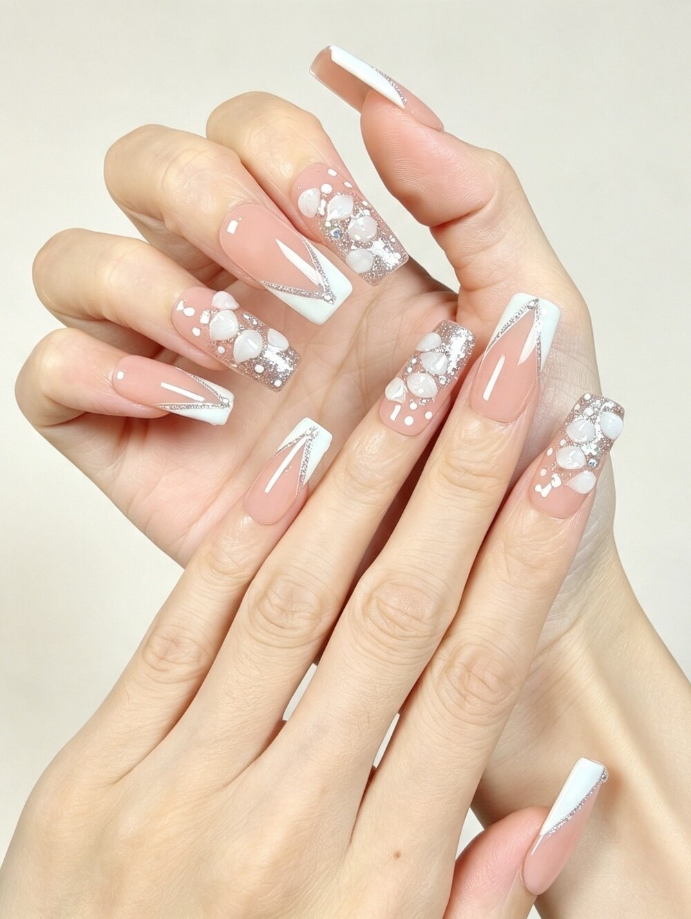 Nude Long Coffin Press On Nails With White V French Silver Glitter & 3D Flowers